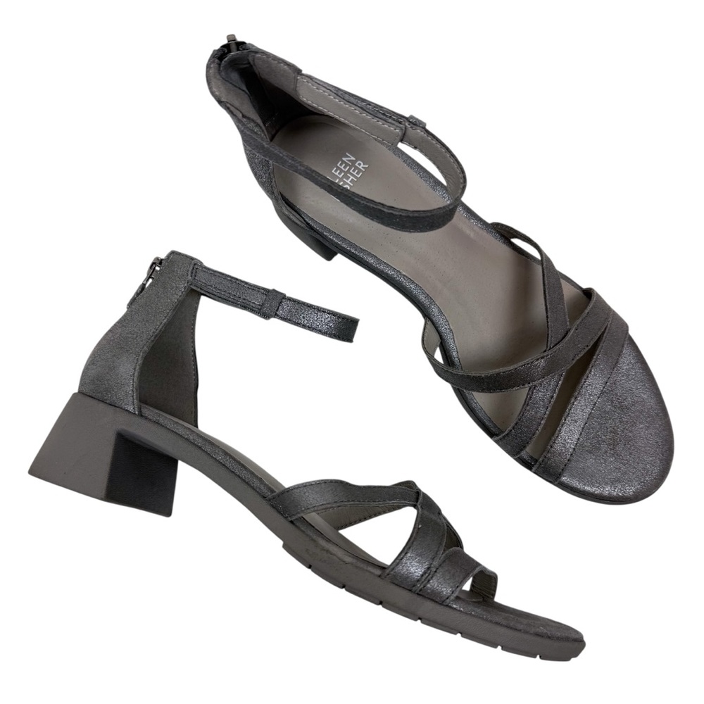 Eileen Fisher Noni Silver Metallic Strappy Block Heel Leather Sandals Size 8.5 - Picture 2 of 12